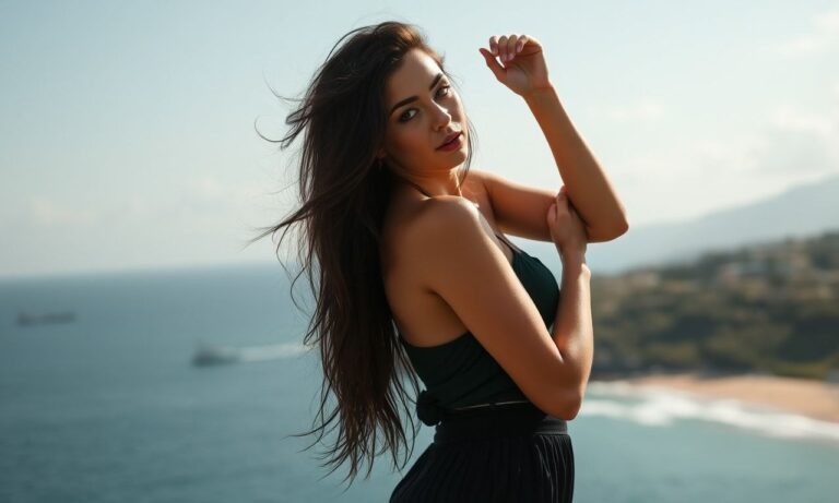 latina ruiva sensual posando em fundo clean, formato paisagem